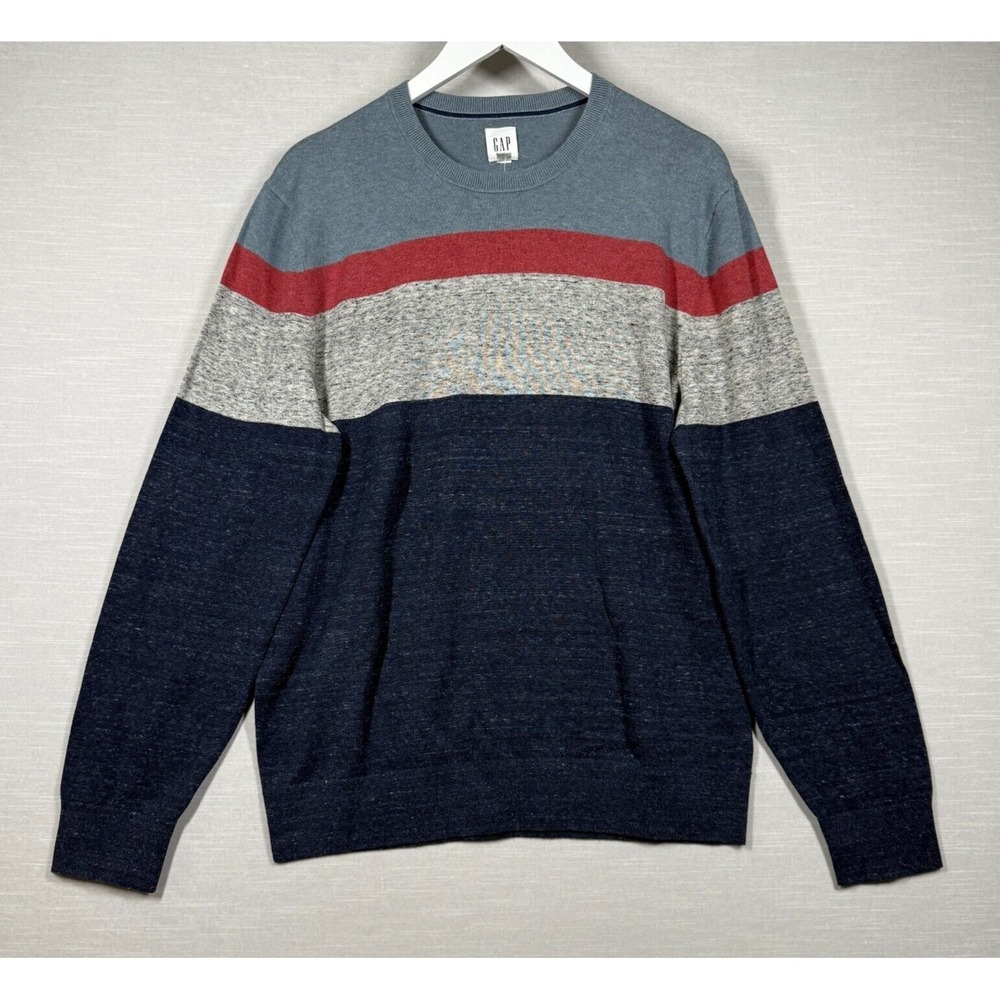 GAP Sweater Men Large Blue Red Gray Mainstay Crewneck Colorblock
